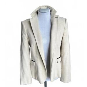 Vintage Zara Women's Cream Blazer with Black Elbow Patches and Collar Detail